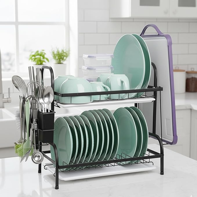 2 Tier Dish Drying Racks with Drain Tray,Stainless Steel Dish Racks for Kitchen Counter,Kitchen Sink Organizer for Dishes,Utensils& Fork Knives,Cutting Boards Storage