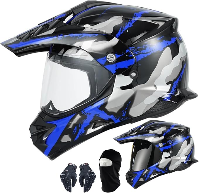 Motocross ATV Dirt Bike Off Road Full Face Motorcycle Helmet Dual Sport Casco DOT Approved Dual Visor Gift 1Black Lens&1 H...