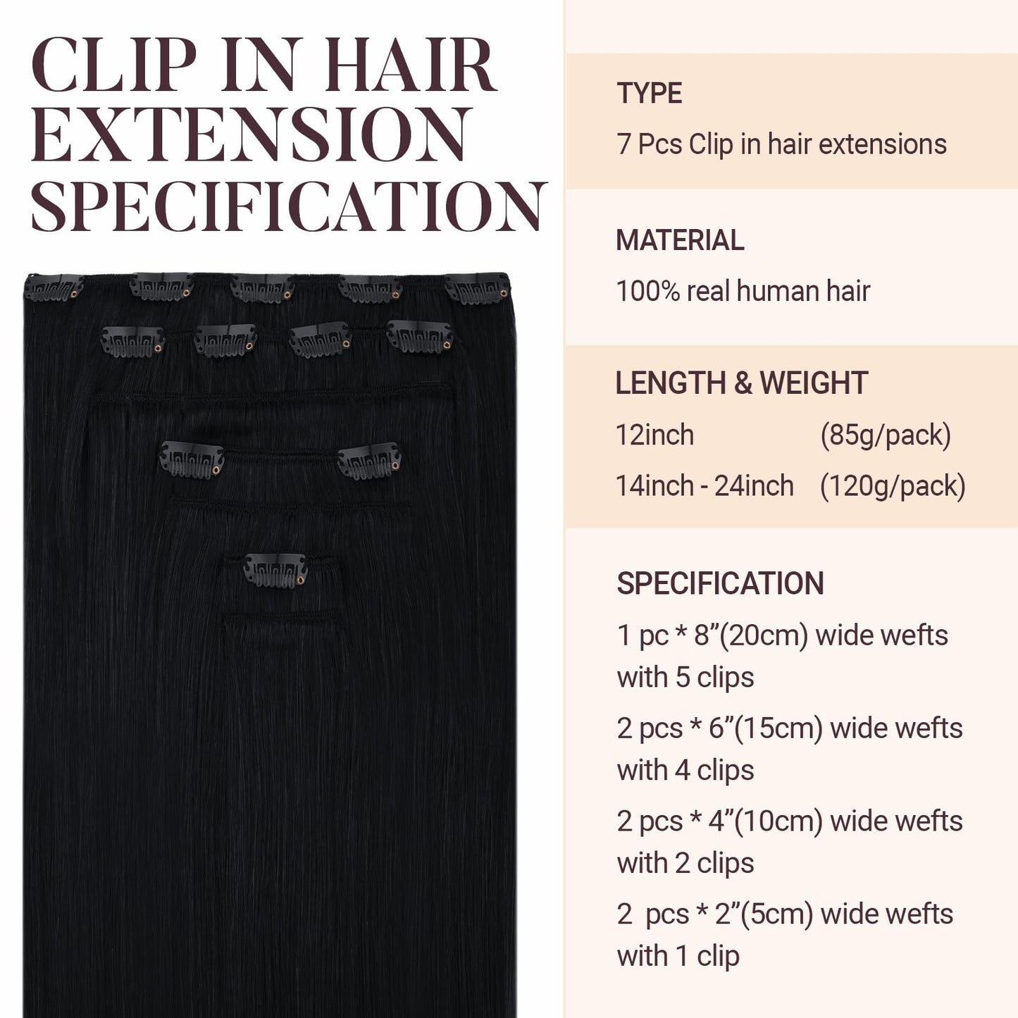 MAXITA Real Human Hair Extensions, 12 Inch Jet Black 80g 7pcs, Remy Straight Clip in Natural Hair for Woman