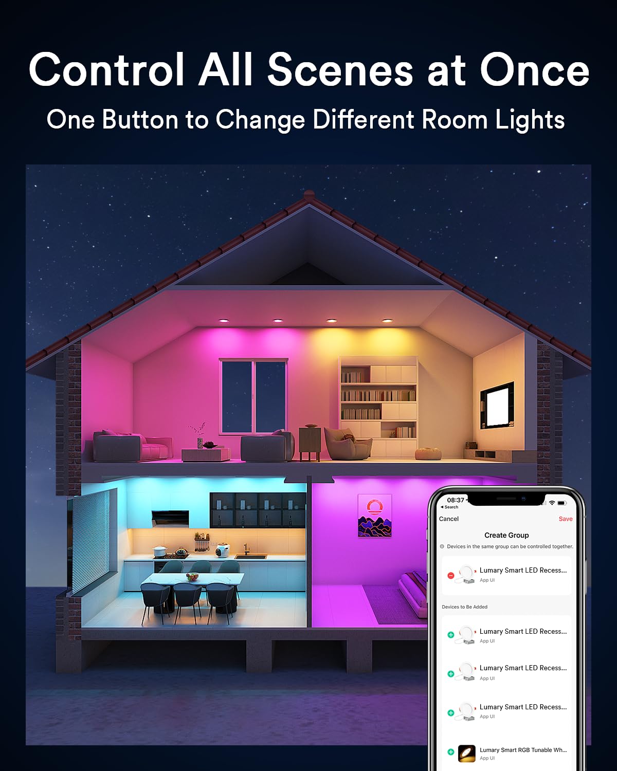 Lumary 6 Inch Smart Wifi Recessed Lighting  Rgbww Canless Led Wafer Downlight  13W 1000Lm Color Changing  Ultra-Thin W/Anti-Glare Baffle  Compatible With Alexa/Google/Remote-Included  1Pc