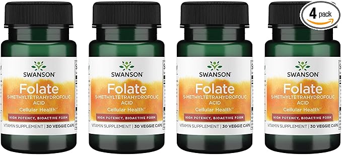 Swanson Folate 5-Methyltetrahydrofolic Acid - High Potency, Bioactive Form 800 mcg Dfe 30 Veg Caps (4 Pack)