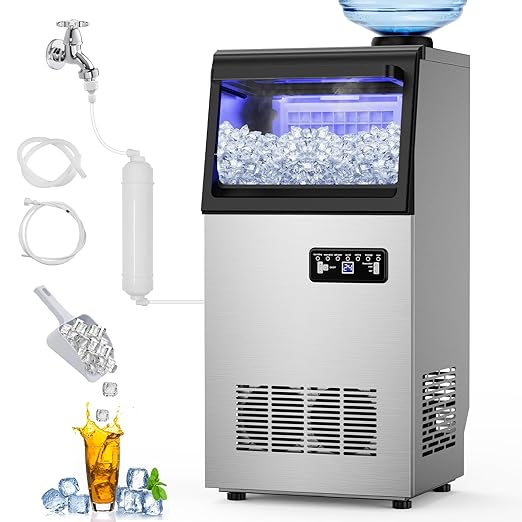 Commercial Ice Maker Machine 110 LBS/24H, 36 Ice Trays Freestanding & Undercounter Ice Machine Stainless Steel with 20 LBS Ice Storage Capacity, Ice Maker with Water Line and Filter, Dual Water Inlet