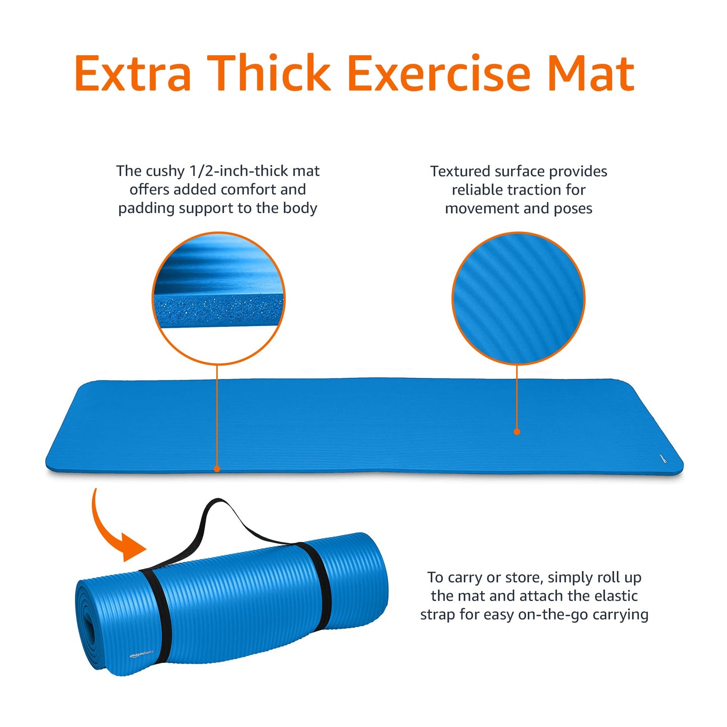 Amazon Basics 1/2 Inch Extra Thick Exercise Yoga Mat with Carrying Strap, Cushioned Support, for Fitness and Gym Workouts, Blue