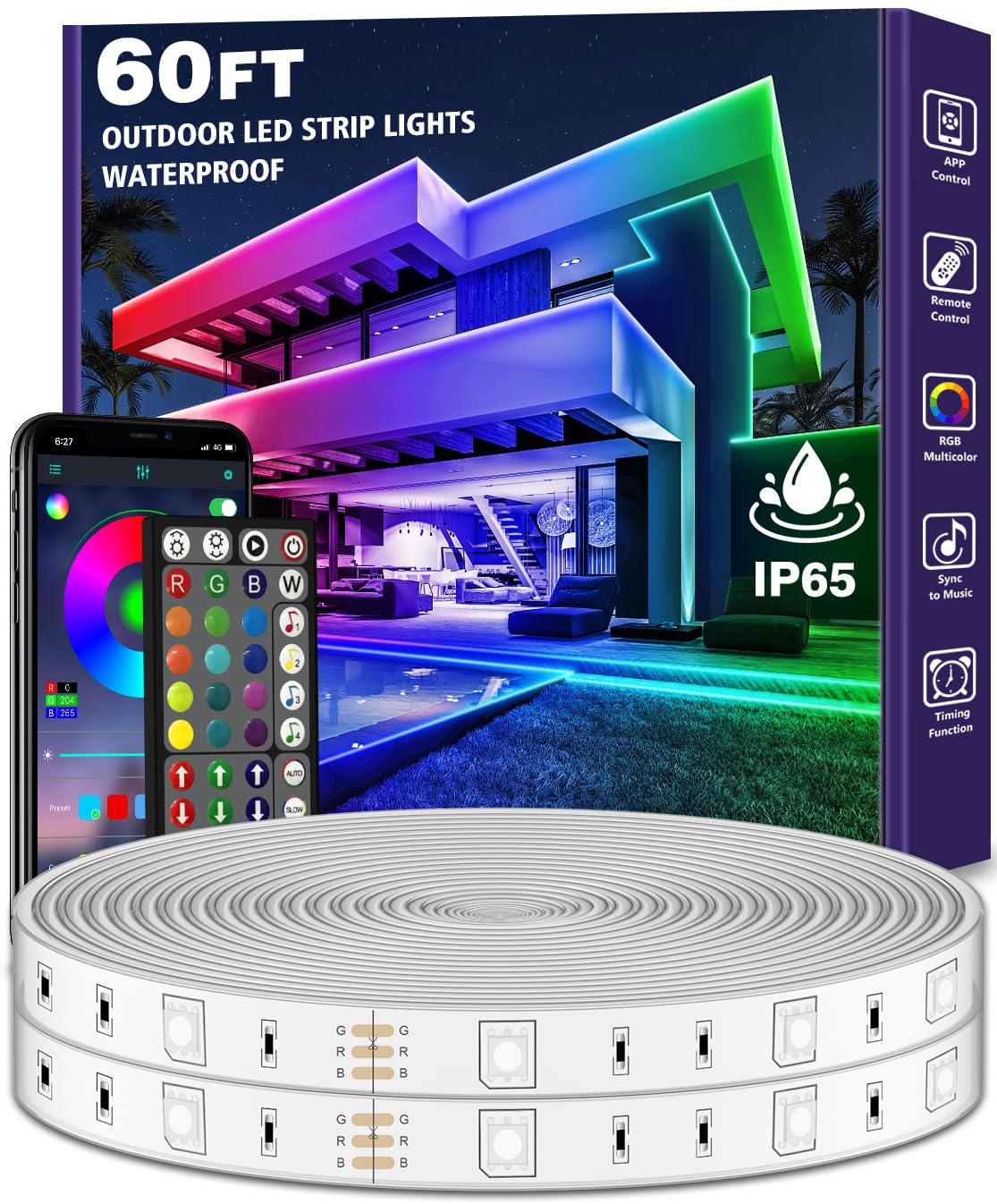 AILBTON Outdoor LED Strip Lights, IP68 Waterproof, Bluetooth App Control, Music Sync, 60ft, RGB