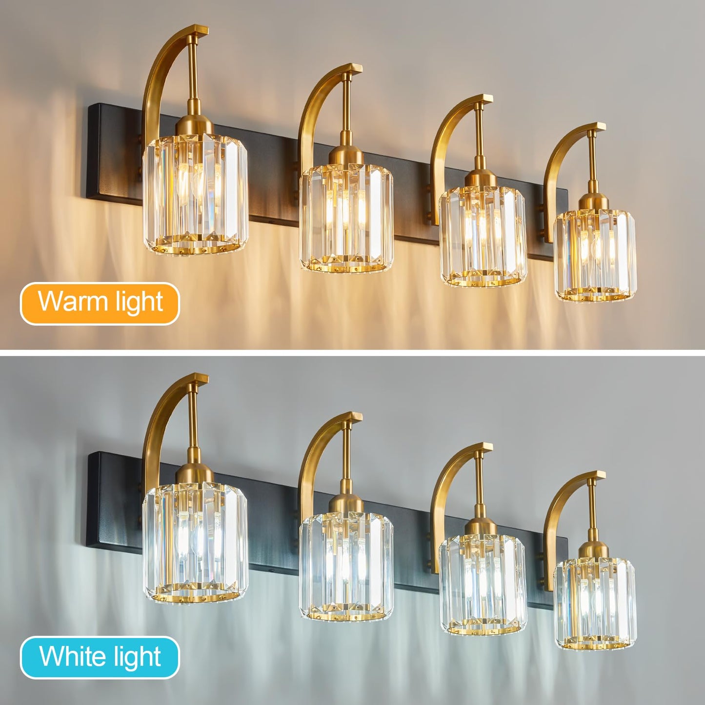 Fdpby 4-Light Crystal Vanity Light  Modern Black Gold Bathroom Wall Sconce With K9 Crystal Shades  32.67 Long Over Mirror Lighting For Vanity  Makeup  Hallway  Elegant & Easy Install