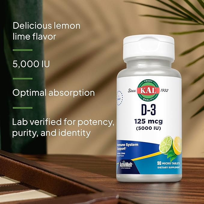 KAL Vitamin D-3 5000 IU ActivMelt, Instant Dissolve, Natural Lemon Lime Flavor, Healthy Immune Function & Bone Support, 90 Servings, 90 Micro Tablets
