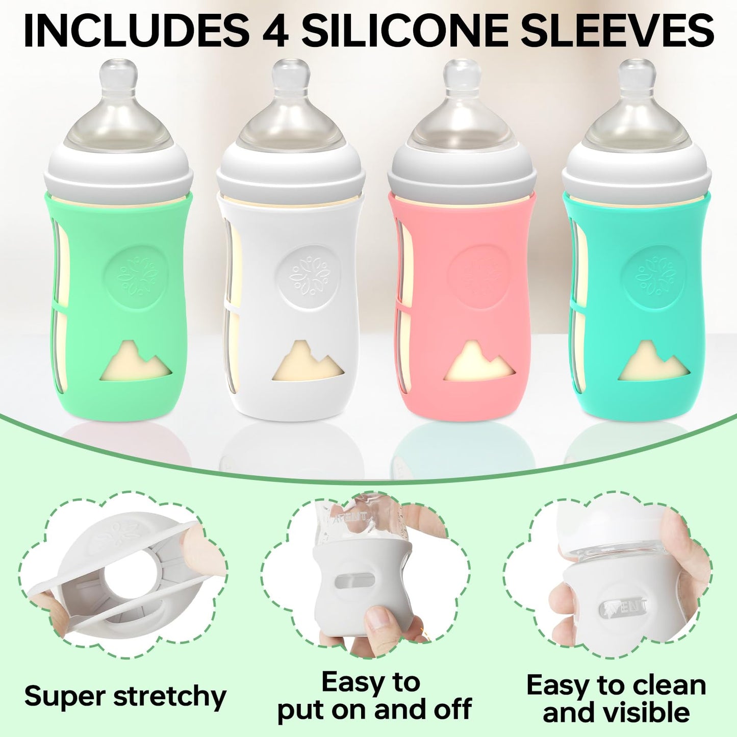mumianshu 4 Pack Silicone Sleeves for Philips Avent Glass Baby Bottle 8 oz, Babies Bottles Covers, Shatter Proof, Food Grade, BPA Free