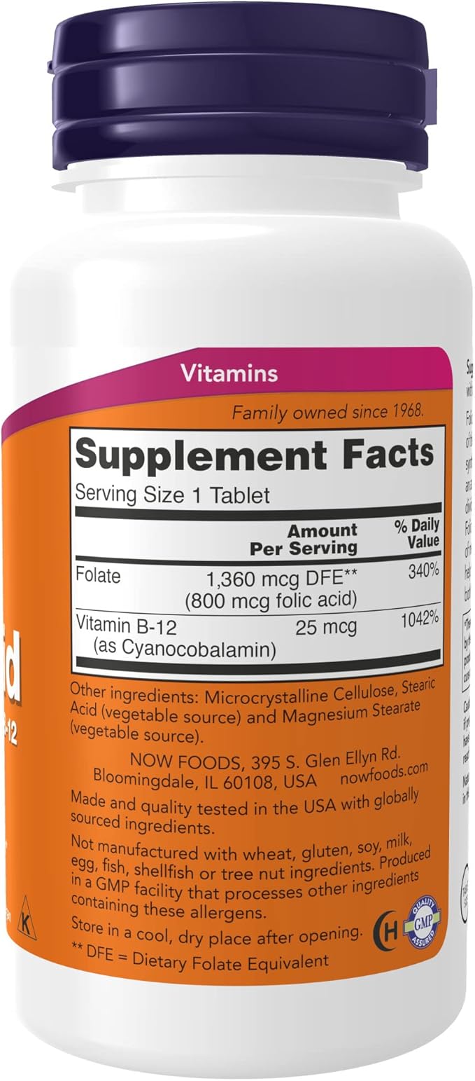 NOW Supplements, Folic Acid 800 mcg + B-12 (Cyanocobalamin) 25 mcg, B Complex Vitamin, 250 Tablets (Pack of 2)