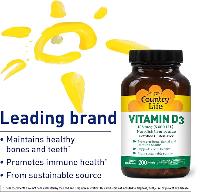 Country Life Vitamin D3 5000 IU for Immune and Bone Health, Calcium Absorption, and Colon Health - Sustainable Source from Lanolin, Available in Various Strengths