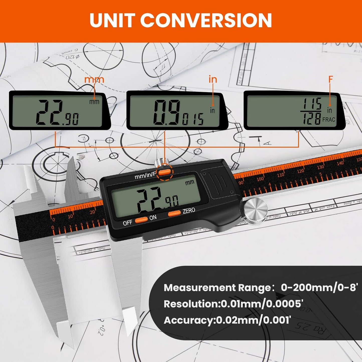 HARDELL Digital Caliper, 0-8 Inch Measuring Tool Large LCD Screen,Stainless Steel,Auto-Off,Inch/Fractions/Millimeter Waterproof Caliper Digital Micrometer for DIY/Household/3D Printing