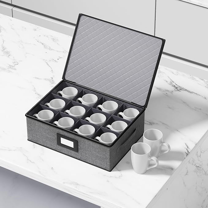Aokeyee China Storage Containers- 6 Piece Set Hard Shell Moving Box for Dishes, Plate, Mugs, Cups, Silverware, Flatware, Saucers, Dinnerware, Sturdy Quilted Organizer with Soft Dividers, Handles, Grey