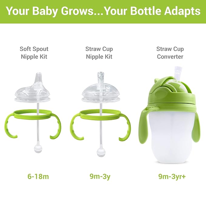 Straw Transition Cup Kit for Comotomo Baby Bottles | Conversion Kit Fits 5 and 8 Ounce Bottles | Soft, Silicone Straw Top Bottle Nipple & Weighted Straw to Help Baby | 2 Pack (Green) + Brushes