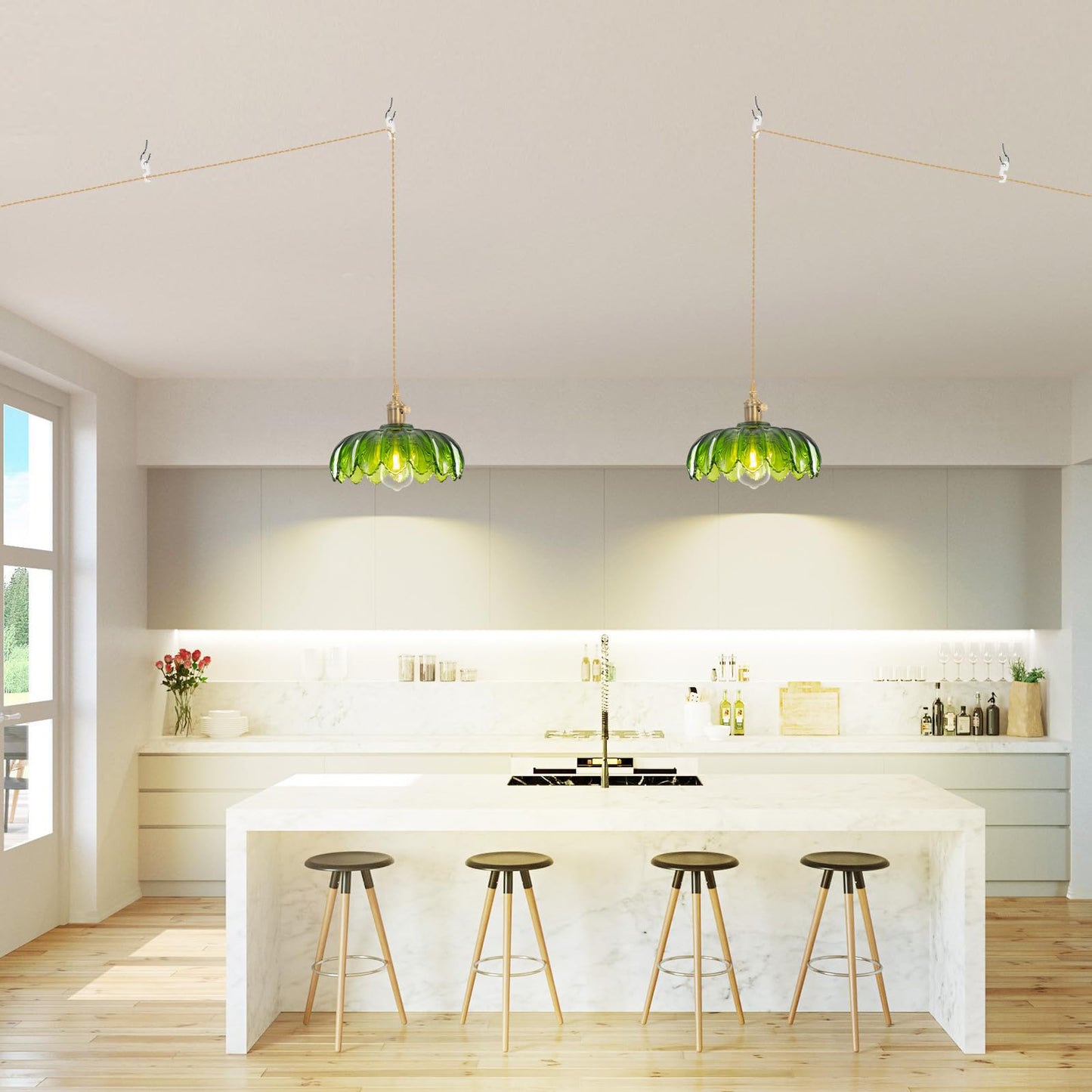 Beserwin Plug In Pendant Light  Hanging Lights With Plug In Cord  Hanging Light Fixture With Green Glass  E26 Pendant Lighting For Kitchen Island  Bedroom  Dining Room  Living Room