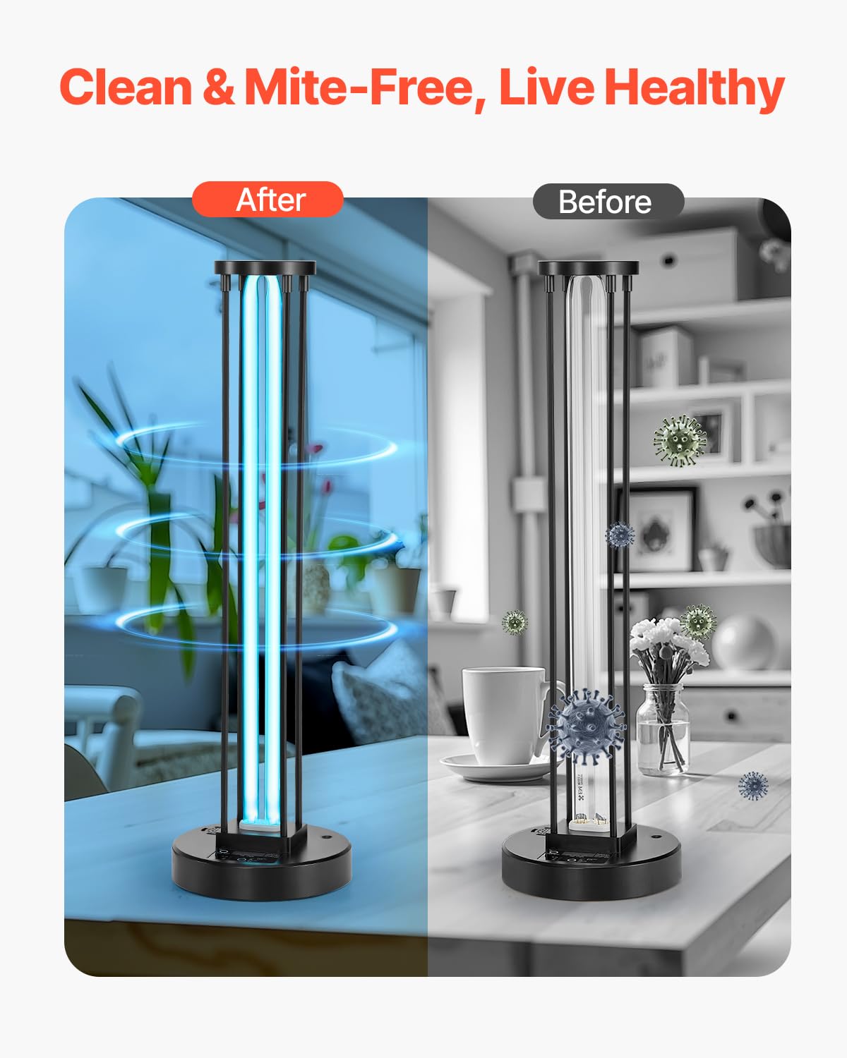 VEVOR UV Light 55W Ultraviolet Lamp with Ozone Purifier, 30/60/120 Min Timer, Remote Control, Black, Model US-007/55W