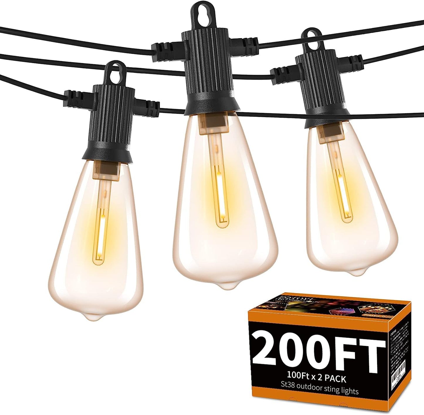 ZOTOYI Outdoor String Lights 200FT, 2Pack, Waterproof IP65, 100+4 Shatterproof LED Bulbs, Vintage Black Lights for Patio, Party, Gazebo