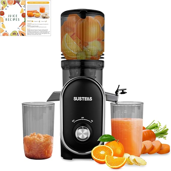 SUSTEAS Cold Press Juicer, 300W, 5.3" Large Feed Chute, 1.5L Capacity, Automatic Feeding, High Yield, Easy to Clean, Ideal for Whole Fruits & Vegetables, Black