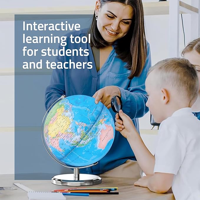LED Illuminated World Globe with Chrome Rotating Stand – 3-in-1 Educational Tool for Kids & Adults, Interactive Learning Globe with Constellation Map, Lighted Display, 11 Inch