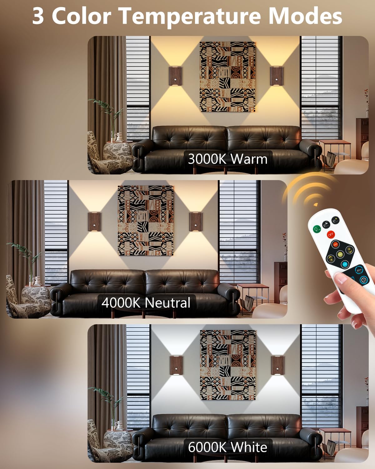 Rechargeable Motion Sensor Wall Sconce Set Of 2 - 5000Mah Wireless Battery Operated Wall Light Indoor  3 Colors Up/Down Lighting Magnetic Night Light With Remote Control For Bedroom  Hallway (Walnut)