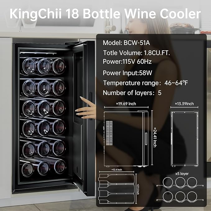 KingChii 18 Bottle Wine Cooler, Freestanding Wine Fridge with Glass Door, Adjustable Shelves & Digital Temperature Display Wine Refrigerator for Red, White, Champagne - Perfect for Home, Kitchen, Bar