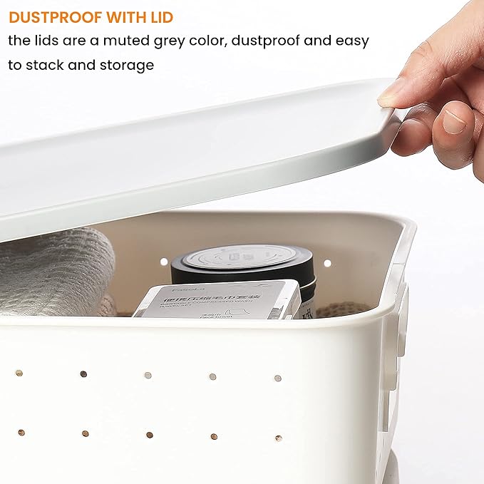 vacane 3 Pack Decorative Storage Bins with Lids, White Plastic Storage Basket for Organizing Stackable Storage Box with Handle on Closets,Classrooms,Offices