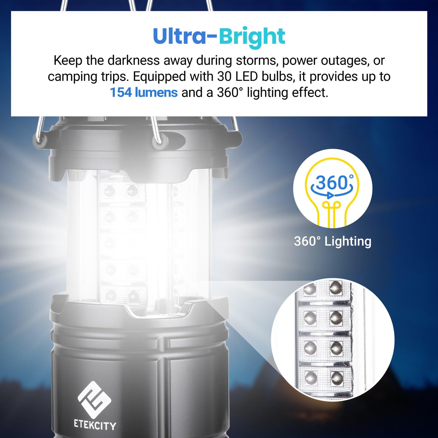 Etekcity Camping Lanterns 4 Pack, LED Battery Operated Lights, Dark Black, Model CL10-4 Pack, Emergency Gear for Power Outages