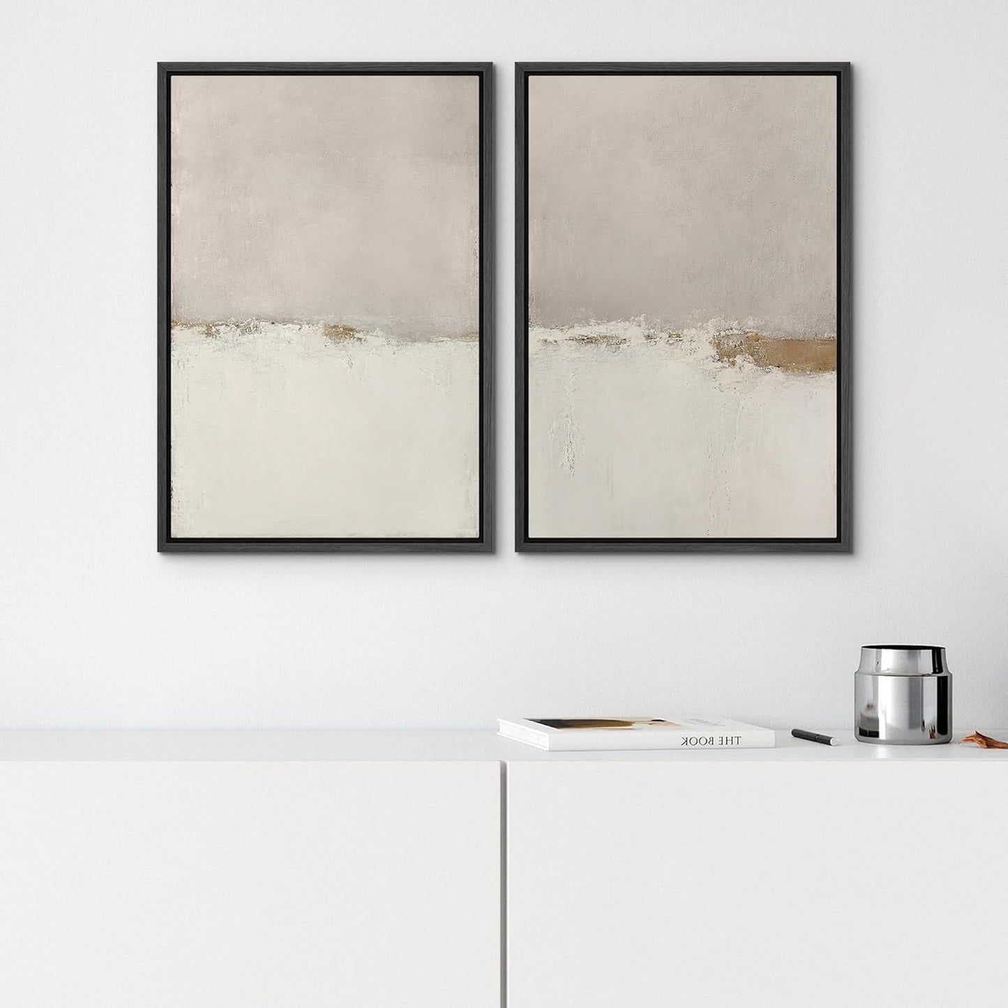 SIGNWIN Framed Canvas Print Wall Art Beige Gray Paint Strokes Abstract Grunge Landscape Prints Modern Art Minimalist Neutral Decor for Living Room, Bedroom, Office - 16"x24"x2 Black