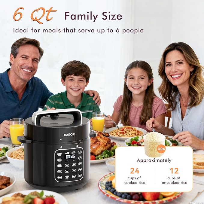9-in-1 Electric Pressure Cooker 6 Quart Black, Stainless Steel Pot, 12 Preset Functions with Touchscreen, Safe Steam Release, Stew, Slow Cook, Rice, Sauté, Warmer