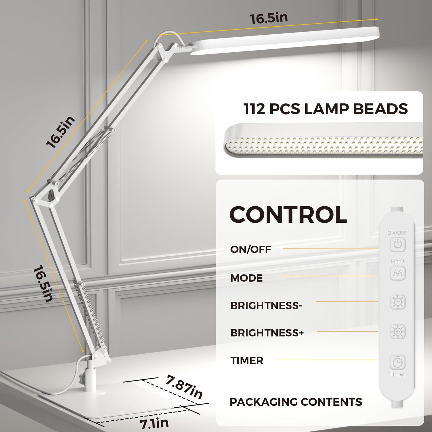 SKYLEO LED Desk Lamp - Adjustable Swing Arm, Dimmable, 1300LM, 12W, White, Model A018