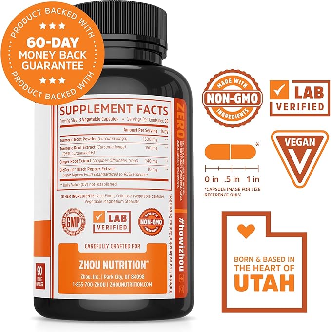 Zhou Turmeric Curcumin with Ginger - Turmeric and Ginger Supplement for Women & Men, Curcuminoids with Ginger Root & Black Pepper Extract for Digestion & Joint Health - 90 Veggie Capsules