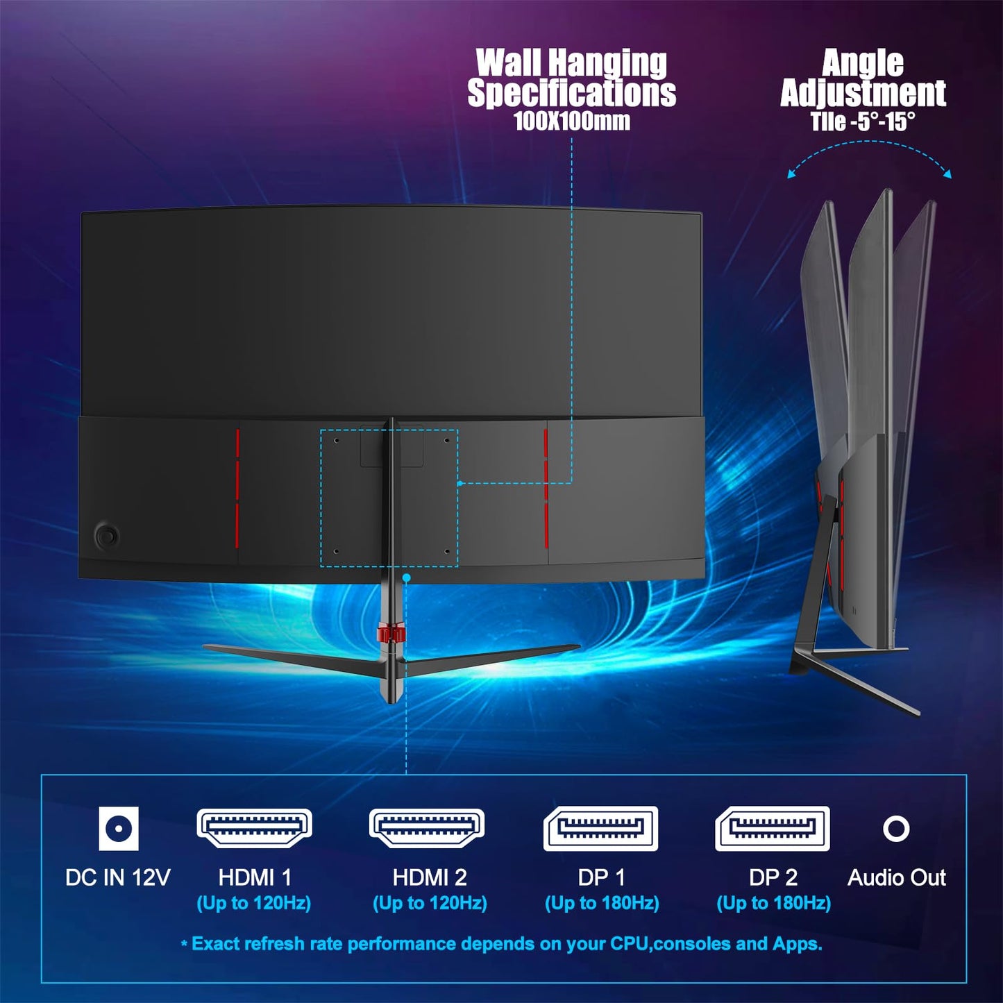Gawfolk 27 Inch Gaming Curved Monitor, 180Hz QHD 2560x1440p PC Monitor with AMD FreeSync, Flicker-Free, HDMI 2.0, DP 1.4, Ultra-Thin Frameless 2K Computer Screen