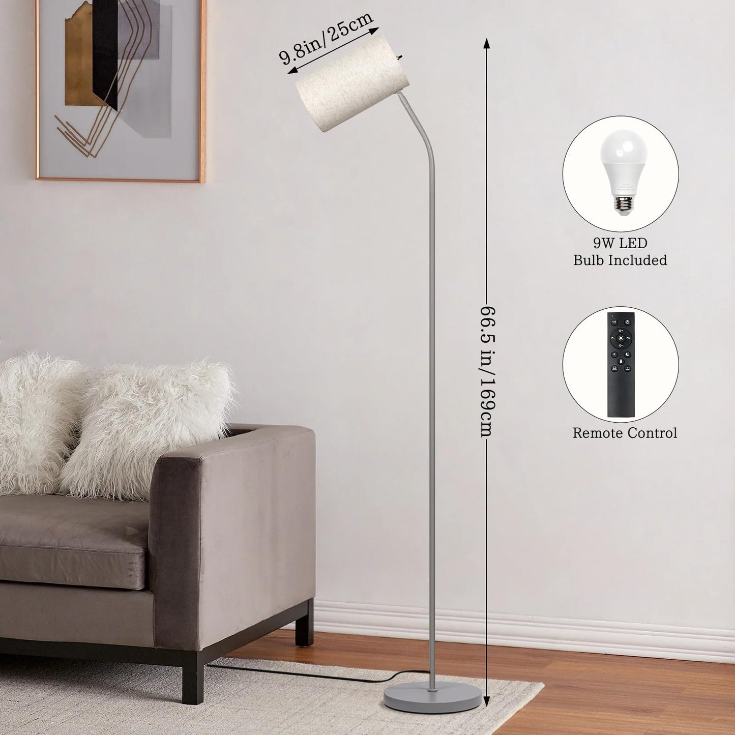 Ldeco Standing Lamp with Remote Control, Adjustable Metal Floor Lamp for Living Room, Bedroom, Office, Beige/Silver, Model JS0002FL