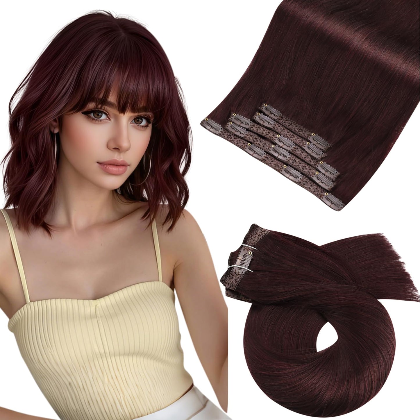 Moresoo Dark Red Clip in Hair Extensions Real Human Hair Red Human Hair Extensions Clip ins Burgundy Short And Straight 80g/5pcs