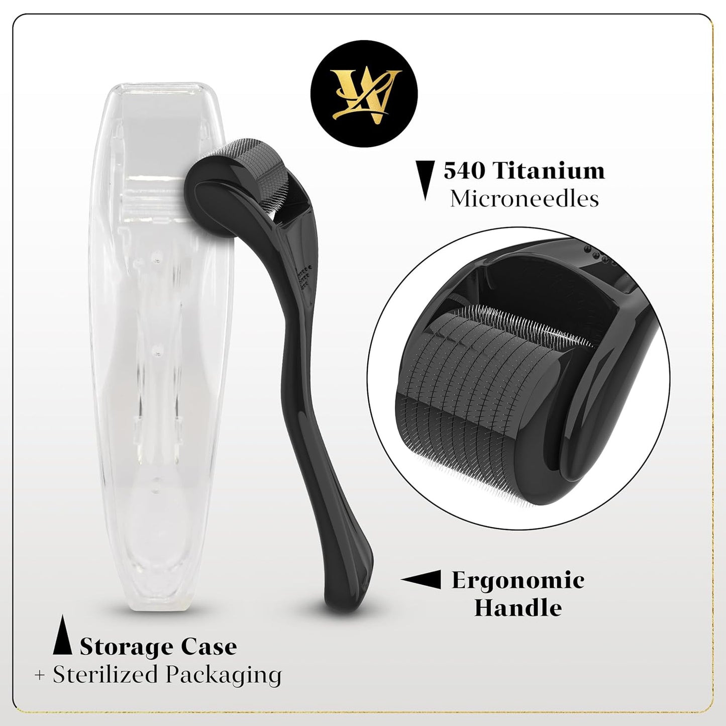 Derma Roller for Skin, Hair & Beard – Women and Men Titanium Microneedling Roller for Face & Scalp, Safe & Easy to Use - Glossy Black