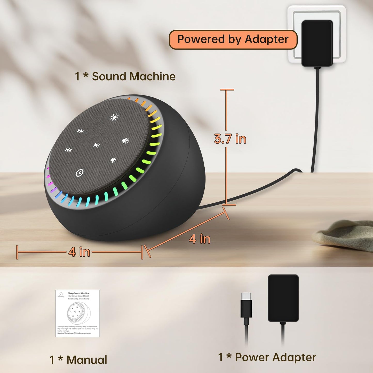 DreamSky Sound Machine for Sleep, White Noise for Sleeping Adults & Baby, Brown Noise Fan for Office Privacy & Noise Canceling, 26 Sounds & RGB Night Light, USB-C Powered for Home Travel