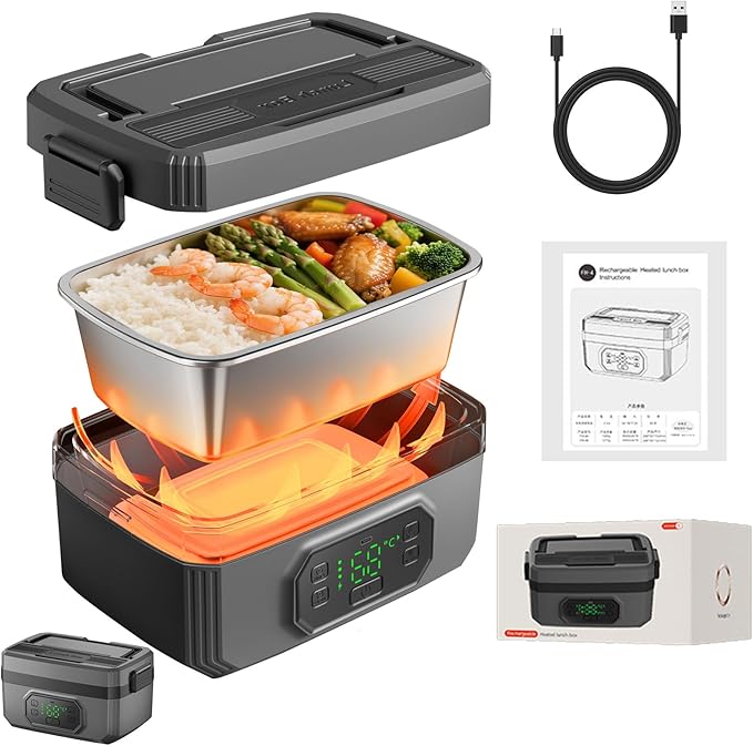 Cordless Electric Lunch Box for Adults with Timer,Rechargeable Self Heating Lunch Box for Men & Women with 1.2L SS Container,21,000mAh Battery Powered, Convenient for Work/Travel/Camping/Hiking