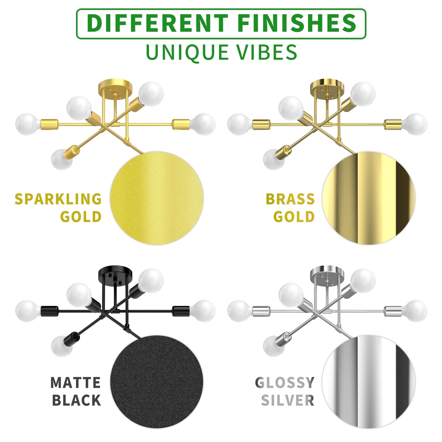 Phaosio Modern Sputnik Chandelier  6-Light 22  Semi Flush Mount Ceiling Light Fixture With E26 Base  Mid Century Industrial Lighting For Bedroom  Dining Room  Living Room-Sparkling Gold