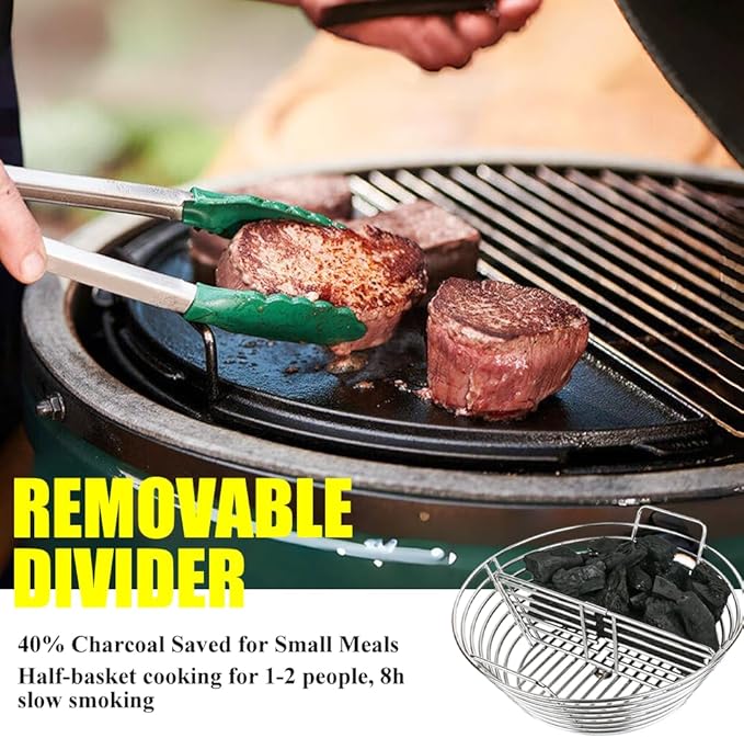 Stainless Steel Charcoal Ash Basket for Large Big Green Egg & Kamado Joe Classic, Lump Charcoal Basket with Divider,Accessories for Big Green Egg
