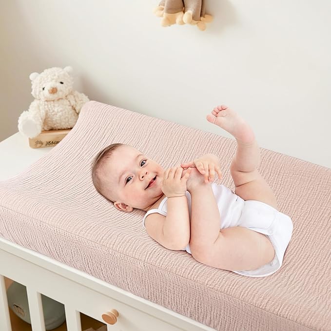 Bearmoss Changing Pad Cover, 2 Pack Muslin [100% Cotton] Diaper Changing Table Covers, 32'' x 16'' Soft Breathable Changing Pad Sheets for Unisex Baby Girls and Boys with Strap Holes (Candy Floss)