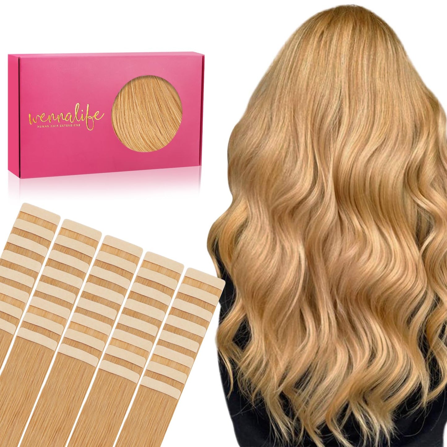 WENNALIFE Tape in Hair Extensions Human Hair, 40pcs 100g 24 inch Strawberry Blonde Hair Extensions Real Human Hair Straight Tape