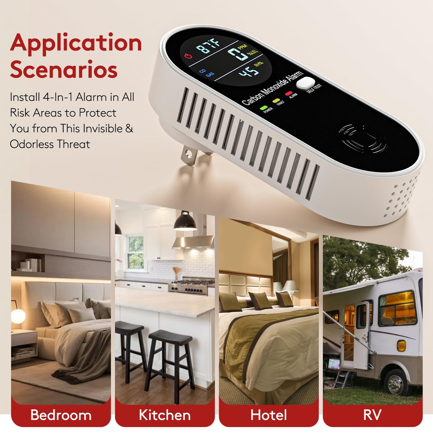 4-in-1 Combination Natural Gas Leak and Carbon Monoxide Detectors, Plug in CO Alarm with Temperature & Humidity LCD Display for Home and Travel (3 Packs)