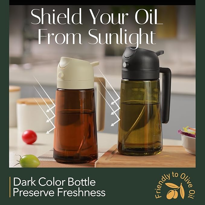 YARRAMATE 16oz/470ml Light Blocking Oil Sprayer for Cooking with Stickers, Food-Grade 2 in 1 Olive Oil Dispenser Bottle for Kitchen,Dark Amber Glass Oil Bottle for Air Fryer, BBQ (LotusRootPink)