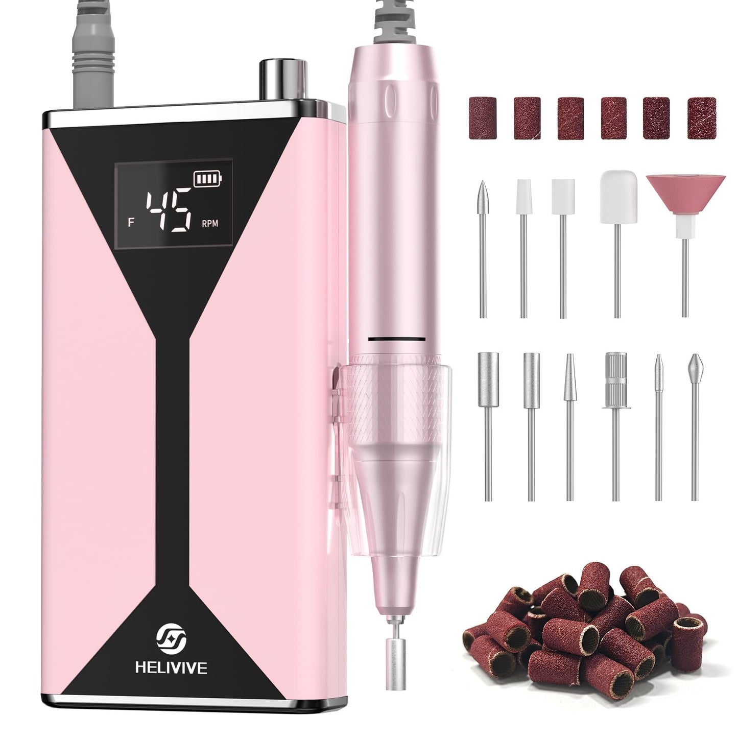 HELIVIVE Professional Electric Nail Drill 45000RPM (Portable & Rechargeable) (with 11 Drill Bits ) Cordless Nail File Machine fo