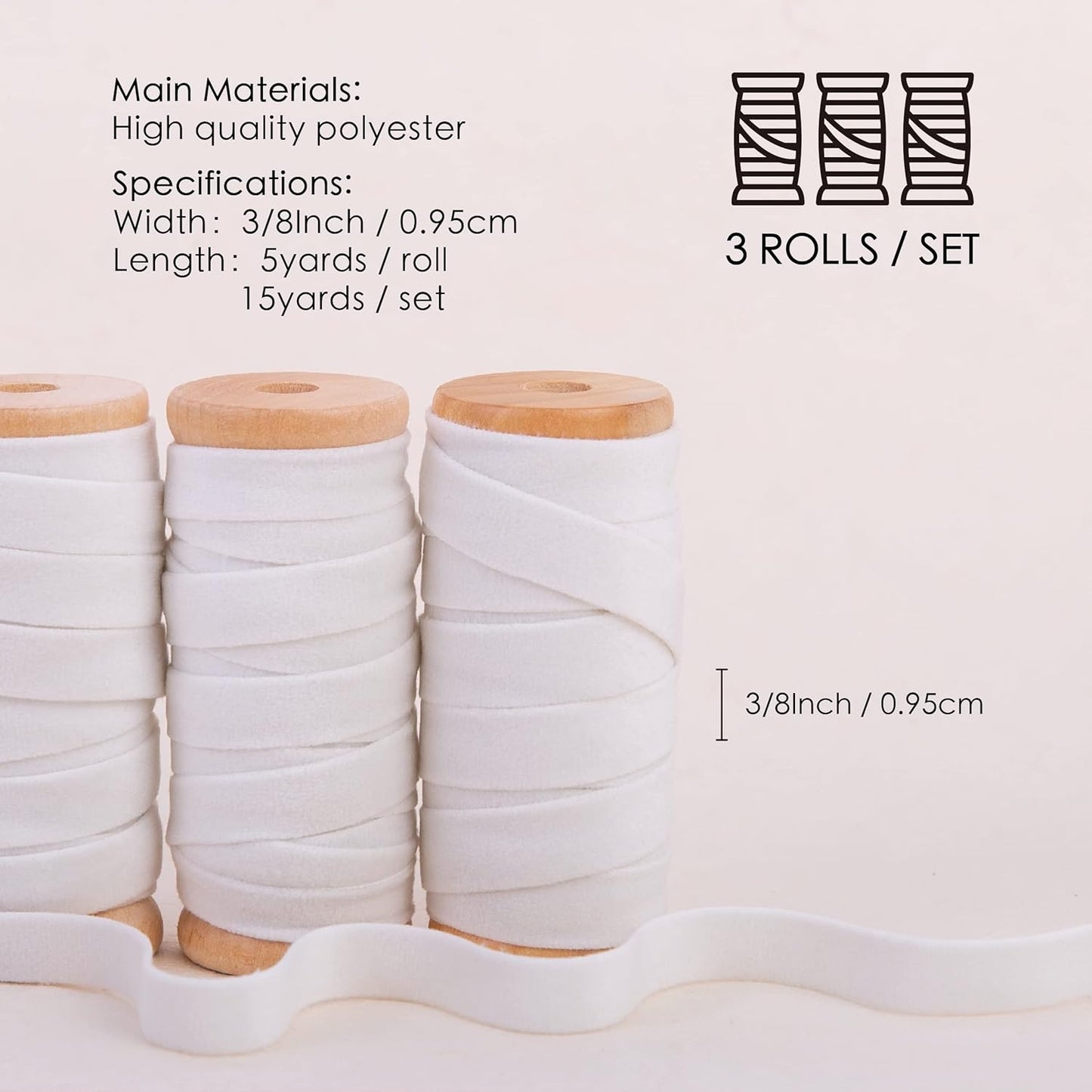 Vitalizart White Velvet Ribbon Set 3/8"" x 15 Yd Wooden Spool Fabric Trim 3 Rolls * 5 Yd for Christmas Wreath Decoration Handmade Craft Ornaments Gift Wrapping & Bow Making (Cream)