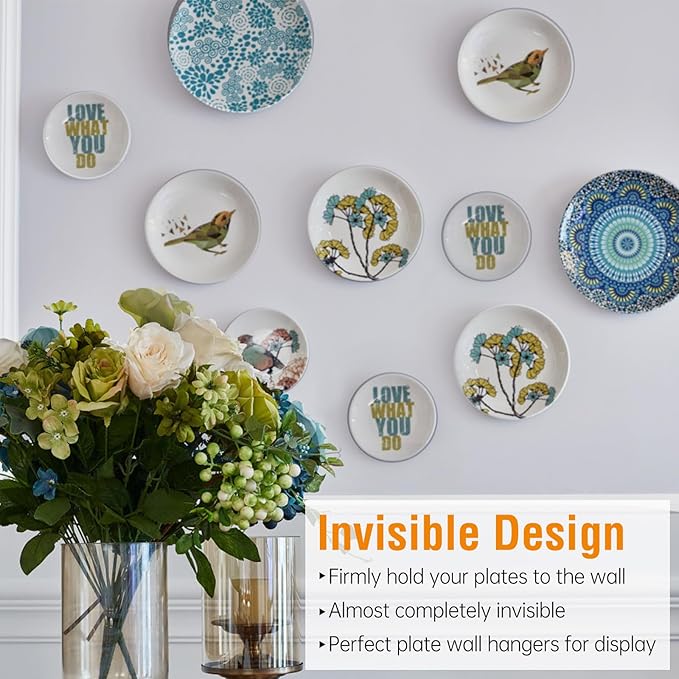 Bilillo 15-Piece Stainless Steel Wall Plate Hangers, 8/10/12 Inch Invisible Decorative Wire Plate Holders with 15 Pieces Wall Hooks for 6 to 14 Inch (Gold)