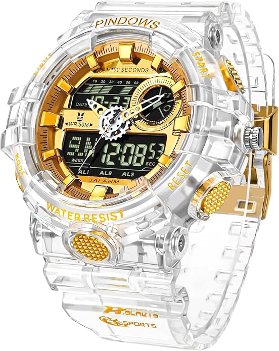 PINDOWS Watches for Men, Transparent Gold Analog Digital Dual Time 50M Waterproof, LED Backlight Multifunctional with Alar...