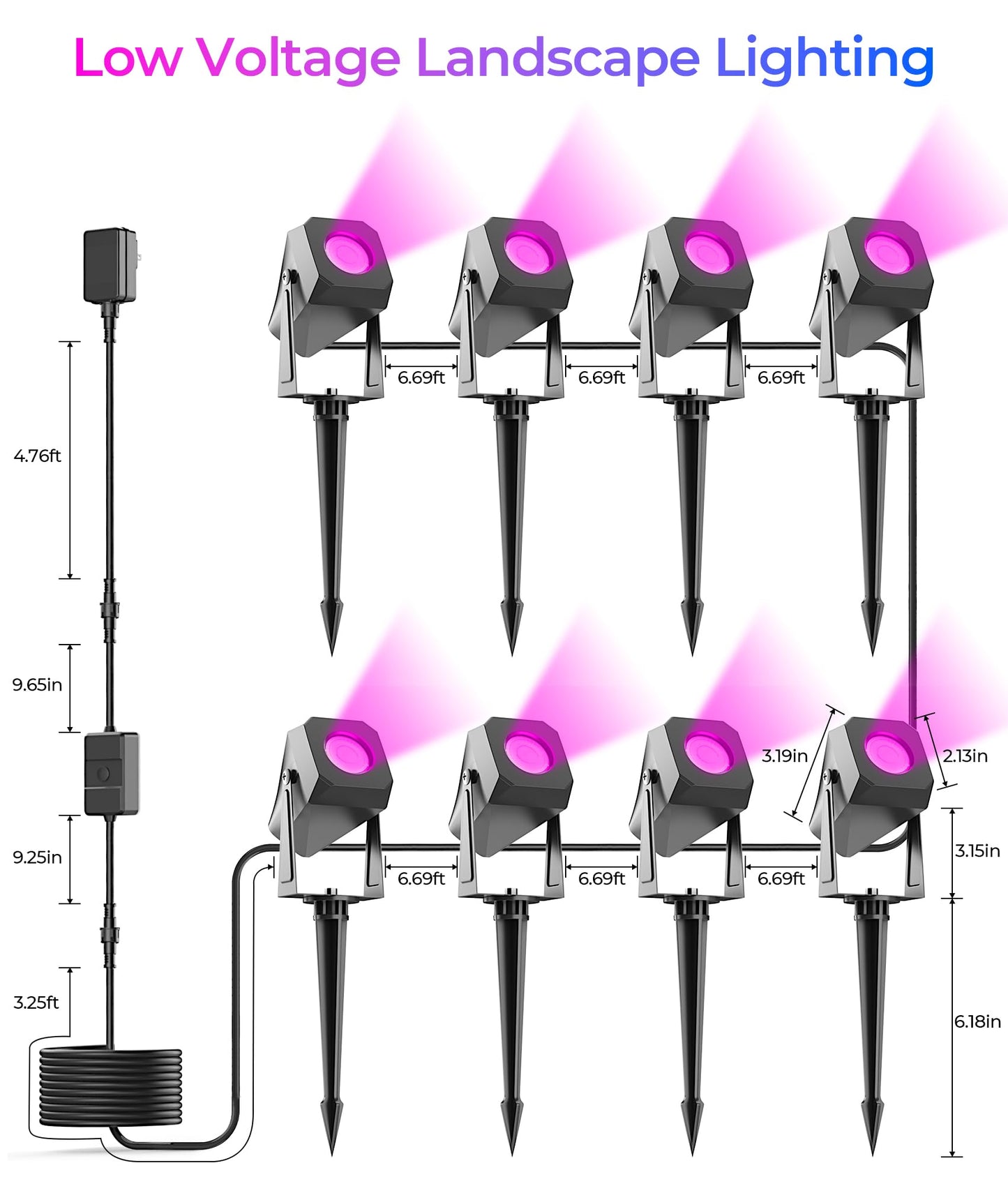 DeckTok RGB Landscape Lighting, 8 Pack Waterproof LED Spotlights with Remote Control, Multicolor, Model DP8-RGB