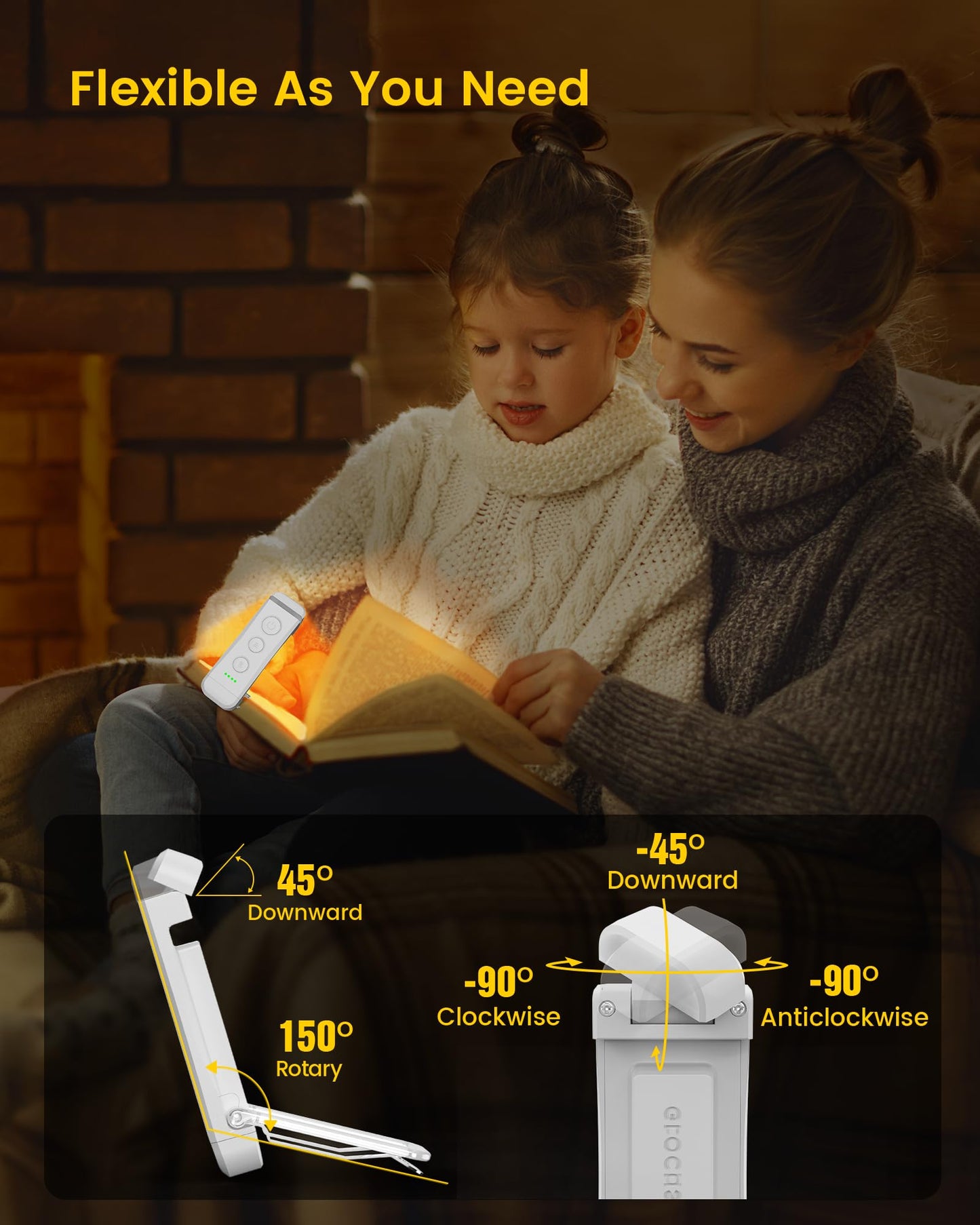 Glocusent USB Rechargeable Book Light, Clip-on LED, 3 Amber Colors, 5 Brightness Levels, Small, Pure White, Model A15