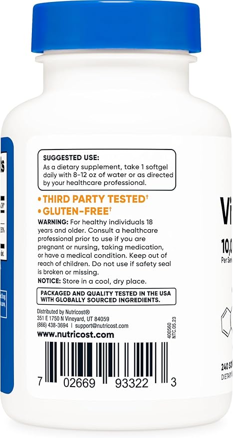 Nutricost Vitamin D3 10,000 IU, 240 Soft Gel Caps (3 Bottles)