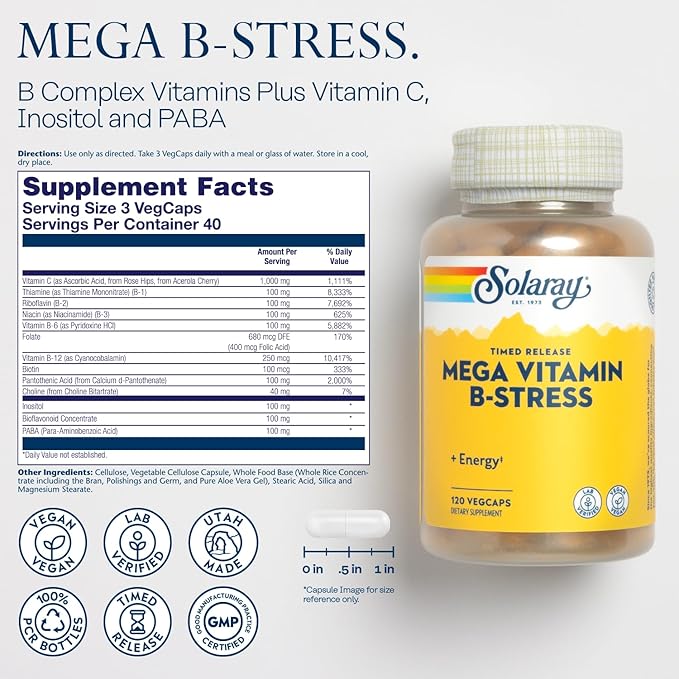 SOLARAY Chamomile Extract and Mega Vitamin B Stress - Herbal Support w/Apigenin - Timed Release Vitamin B Complex for Cellular Energy, Immune Support w/Vitamin B12, Folic Acid, Vitamin C, 30/40 Serv