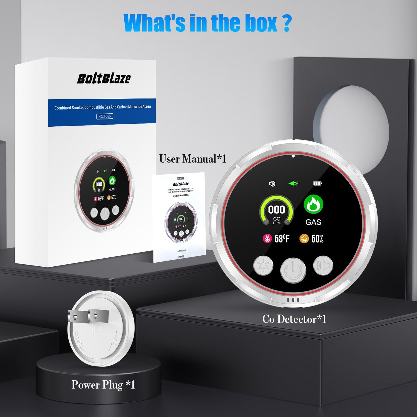 3 Pack 4-in-1 Carbon Monoxide Detectors &Natural Gas Leak Detector, Portable Carbon Monoxide Detectors Plug in & Battery Backup, HD Screen Display